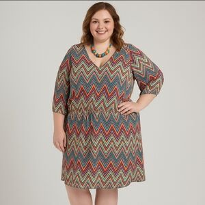 Speed Control | Chevron Print 3/4 Sleeve Midi Dress | Multi Color | 2X Plus Size